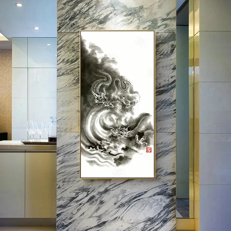 Новая китайская черно-белая чернильная краска Рисунок дракона имперский принт