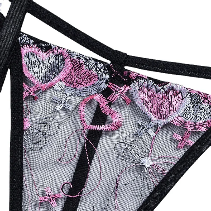

New Embroidery Jacquard Love Color Contrast Sexy Underwear European and American Three Piece Suit Exotic Apparel Donsignet