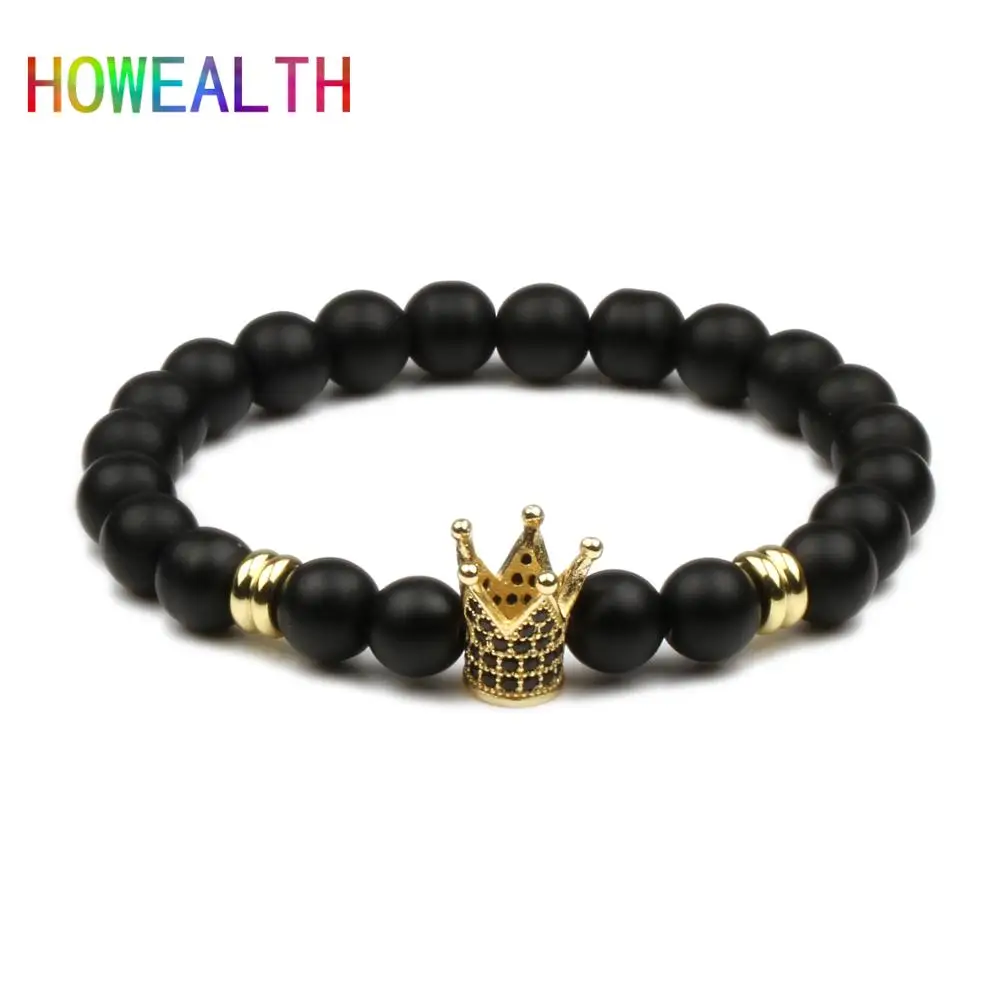 Мужской браслет с черным и белым фианитом стильный матовым камнем 2019|Плетеные