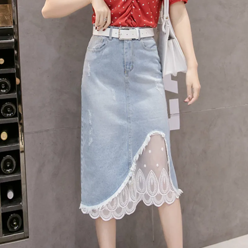 

Женская джинсовая юбка ниже колена, облегающая рваная сетчатая юбка с кружевными вставками, размеры S, M, L, XL, 2XL