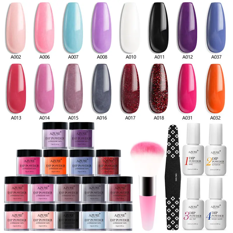 Azure Beauty 22Pcs/Lot Dipping Powder Set Soak Off Base Top Holo Shiny Powder Chameleon Powder Long Lasting Glitter Nail Powder