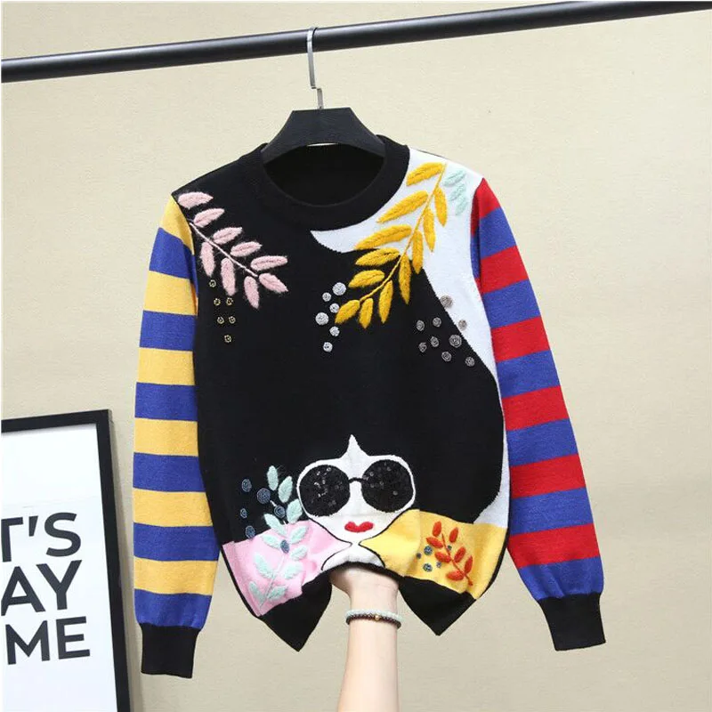 Женский трикотажный свитер с вышивкой теплый Повседневный пуловер блестками