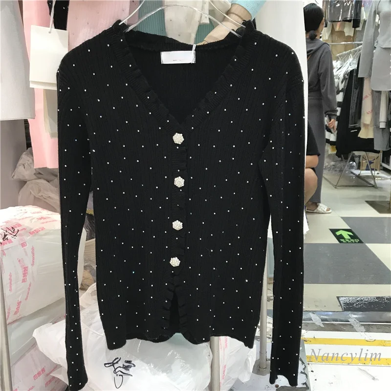 

Ruffled V-neck Knitted Cardigan Women's Autumn New Slim Fit Drill Buttons Long Sleeve Rhinestone Coat Lady Chic Top