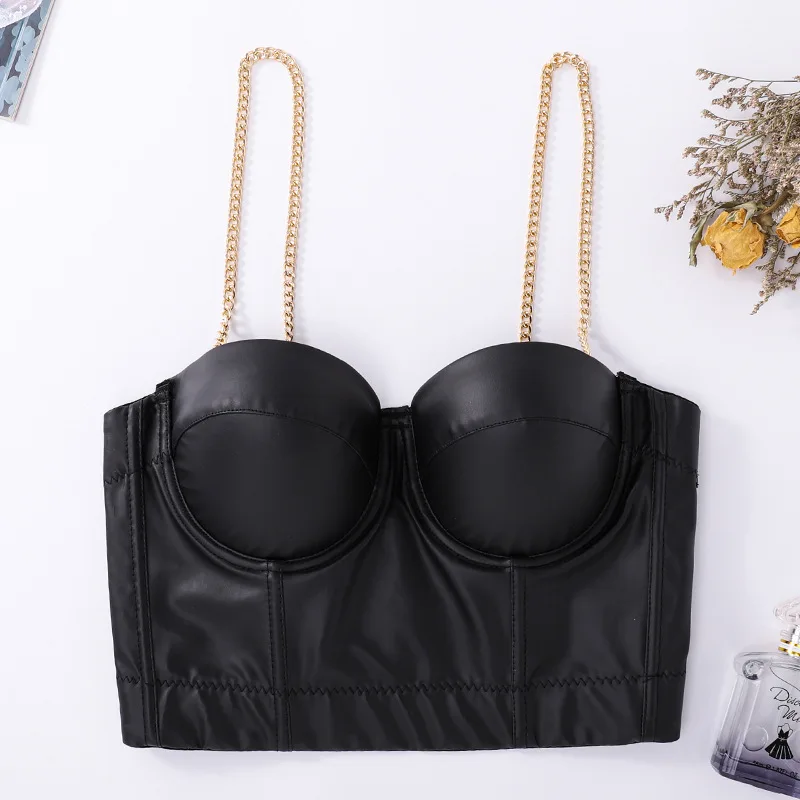 

New Women Vest Crop Top PU Leather Chain Sleeveless Casual Camisole Tops V Neck Bralette Bralet Bra Bustier Sexy Tank Camis