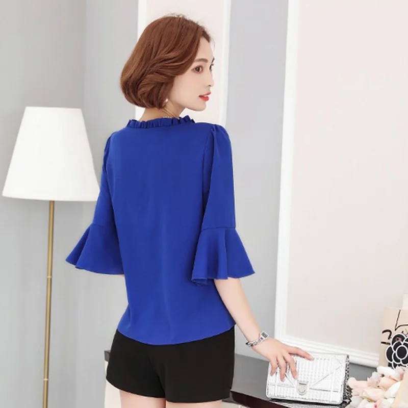 

Pop Women Tops Solid Color Flare Sleeves Chiffon Blouse Lace-up Shirts Pop 88