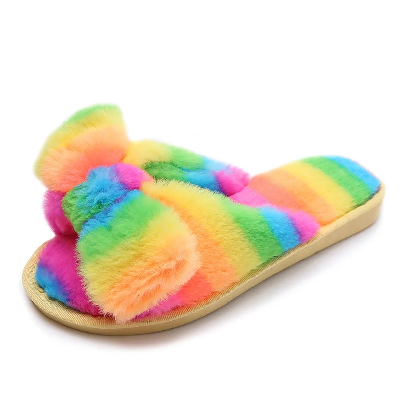 

Spring/Autumn 2021 Plus Size Slippers Women Flat Colorful Butterfly-knot Home Cotton Shoes Fashion Fur Indoor Slippers Women