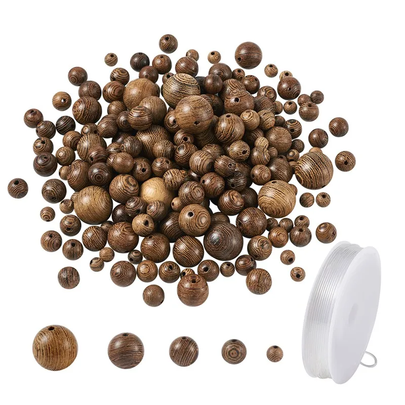 

Pandahall 1 Set 6/8/10/12/15mm Round Undyed Wood Beads with 1mm Elastic Crystal Thread for Jewelry Making DIY Bracelet Necklace