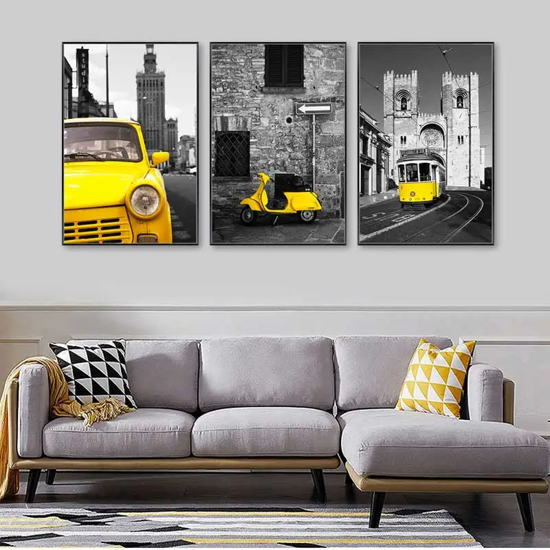 Настенная живопись Европейский пейзаж черно белый желтый постер автомобиля