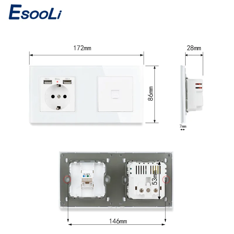 Электрическая розетка Esooli электрическая из закаленного стекла 2 разъема USB + 1