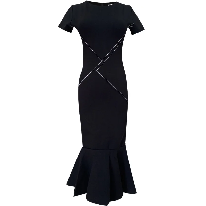 

Fishtail dress women's 2021 summer new French slim and slim splicing short sleeve medium length one-step skirt with buttocks