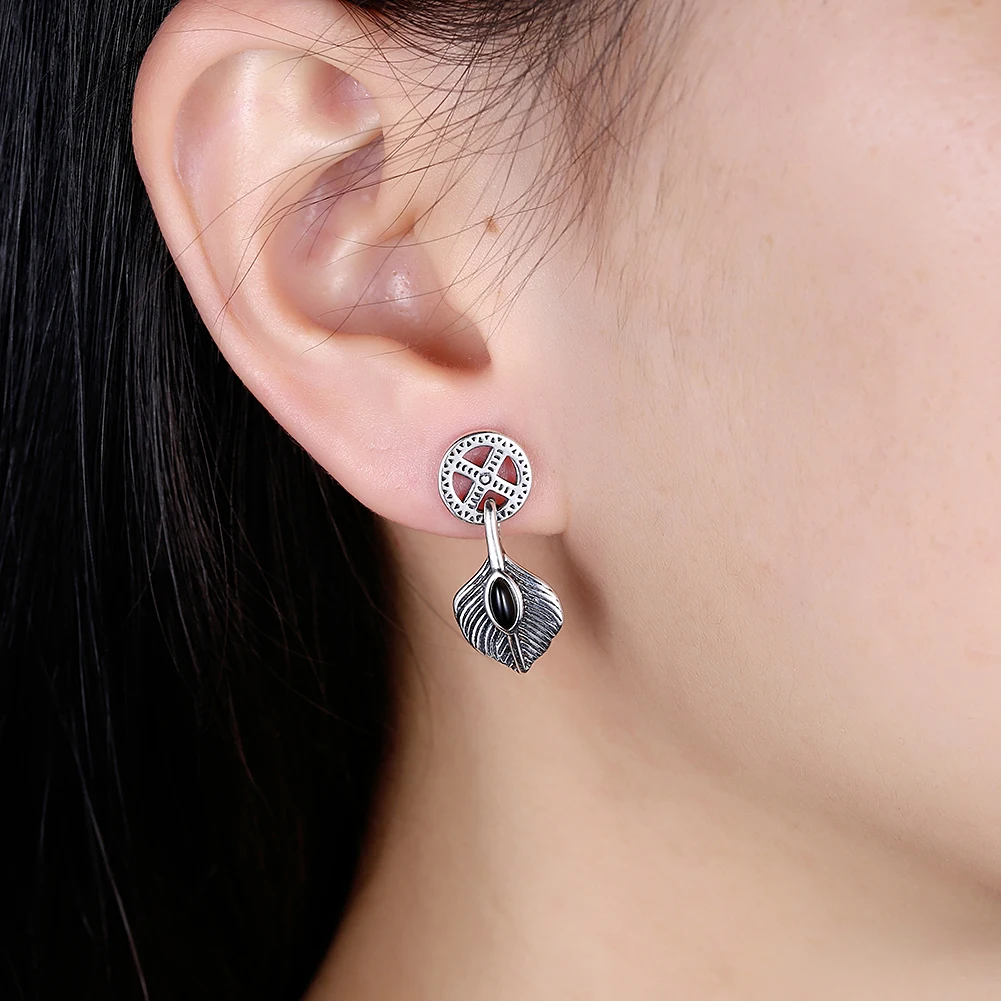 

ZEMIOR Real 925 Sterling Silver Vintage Leaves Earrings For Women Black Cubic Zirconia Drop Earring Female Party Jewelry
