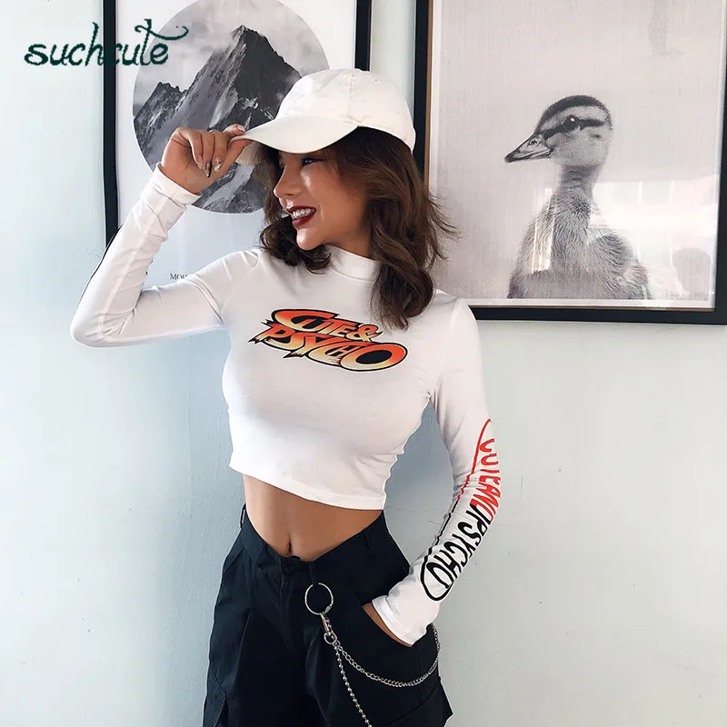 SUCHCUTE женские футболки с круглым вырезом для женщин, длинная уличная одежда с буквенным принтом Harajuku, одежда в Корейском стиле, Повседневные базовые Топы