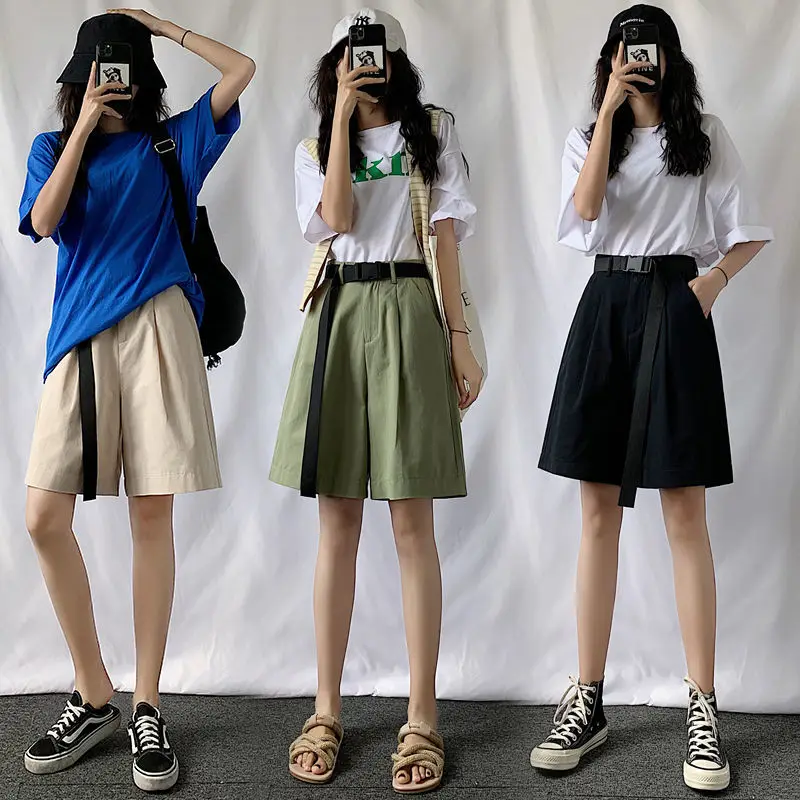 

Cotton Woman Shorts Soft confortable Wide Leg Pants Ladies Shorts Casual Half- length Loose Pockets Workout 2021 Spring Summer