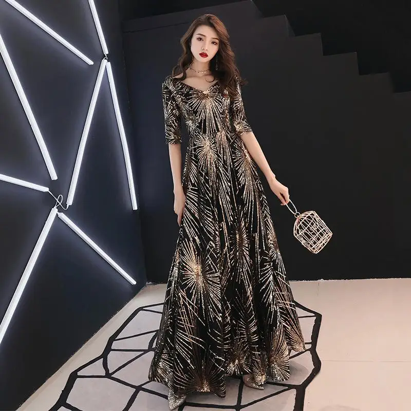 

Luxury Sequin Applique Evening Dresses Fashion V-neck Half Sleeve Party Prom Gown Plus Size Women Slim Dress Robe De Soiree