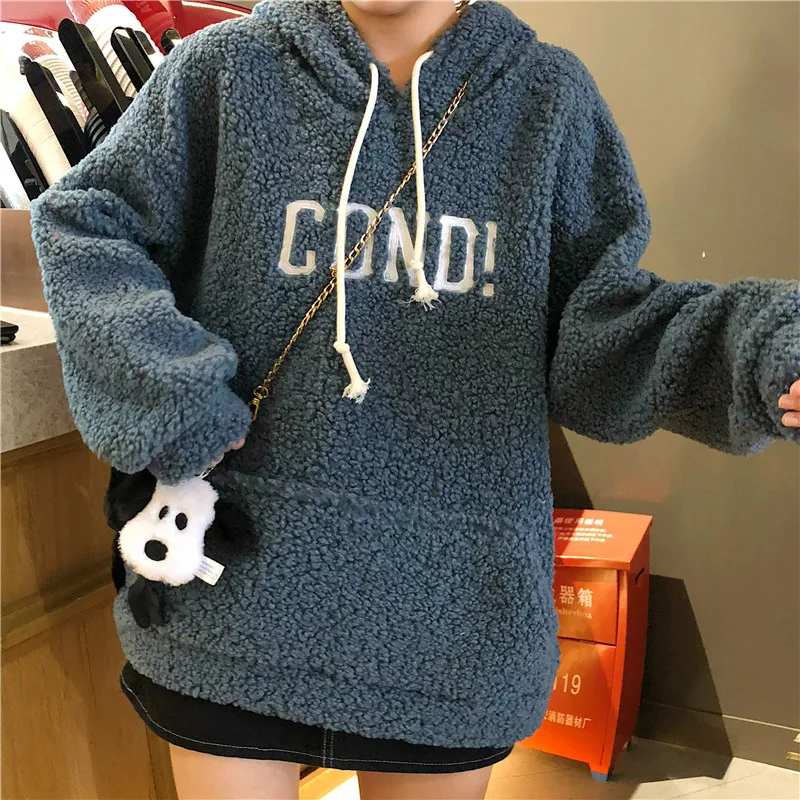 

Autumn Winter New Long Sleeve Women Sweatshirts Letter Print Lamb Hair Female Thick Hoodies Casual Pocket Large Size Hooded Top