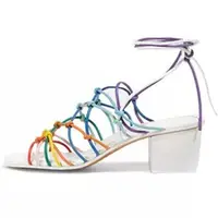 Summer Multi Narrow Strappy Sandals Chunky Med Heels Girl Mixed Color Hollow Out Women Lace up Sandal Shoes Women Party Dress