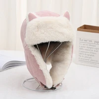 faux fur bomber hat for women 2021 hot ear protection warm knit faux fur russian hat cut cat ears pink winter hat