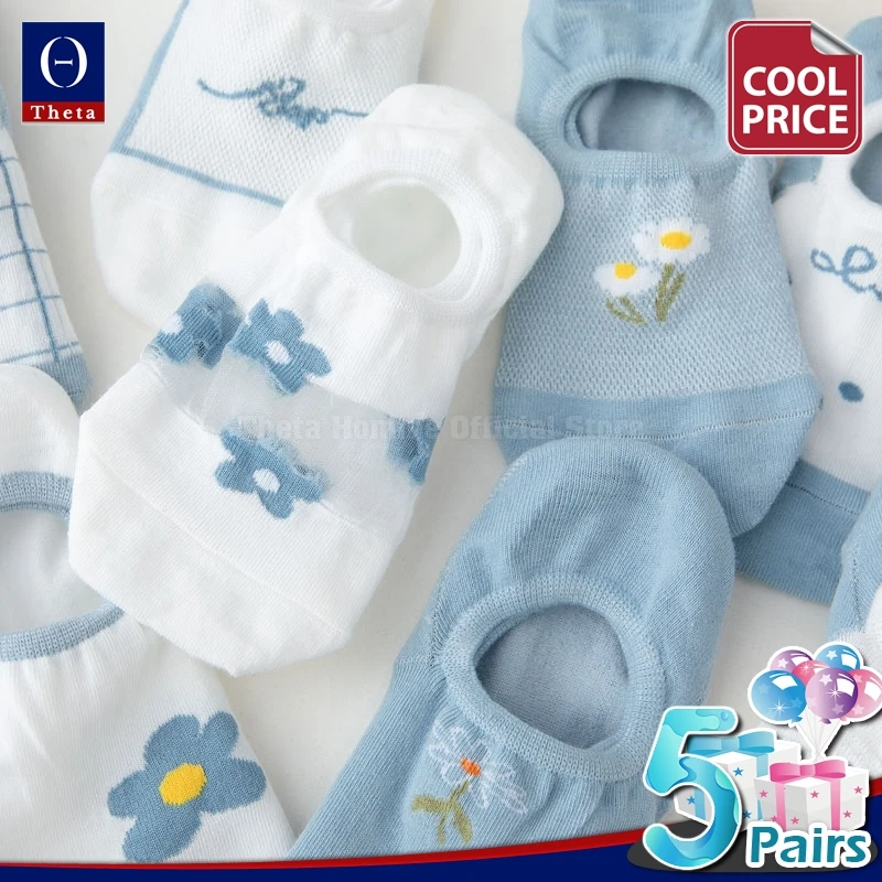 

THETA 5 Pairs Blue Women Cute Thin Short Socks Cotton Flower Summer Short Tube Stockings Invisible Non-Slip Female Socks