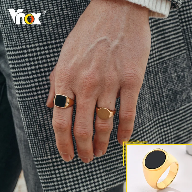 Vnox Gothic Signet Rings for Men, Punk Black Stone Pinky Ring,Gold Color Stainless Steel Chunky Boys Teens Fraternal Jewelry