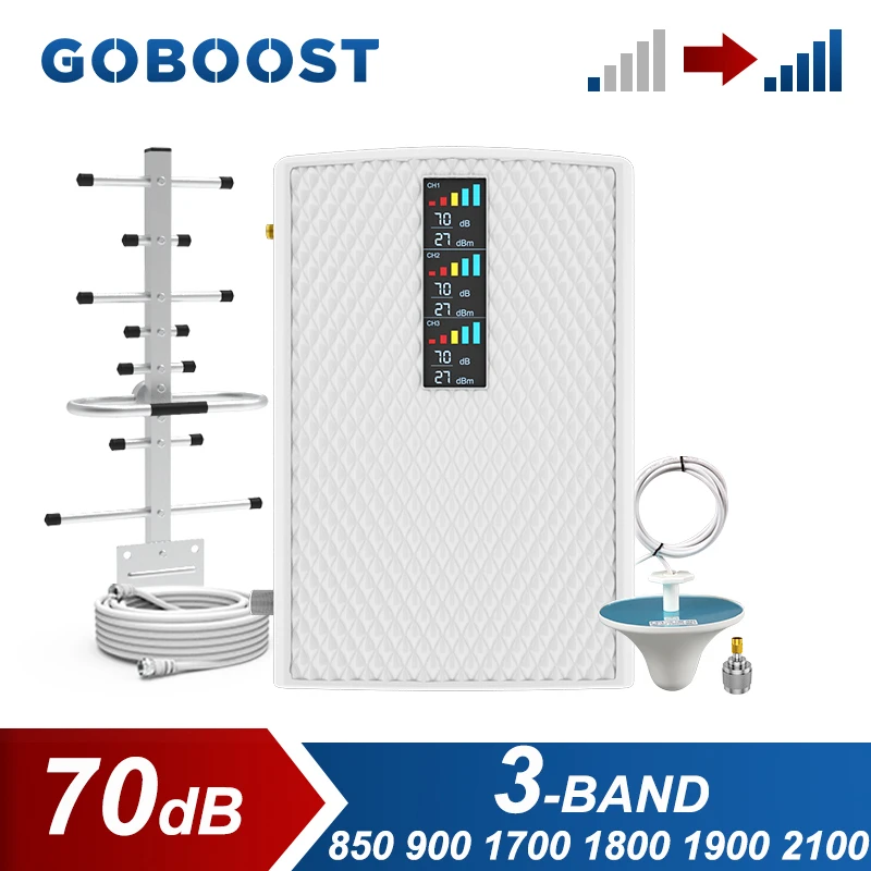 

Усилитель сотовой связи GOBOOST, 3 диапазона, 2G, 4G, усилитель сигнала 850, 900, 1700, 1800, 1900, 2100 МГц, комплект мобильного ретранслятора с антенной