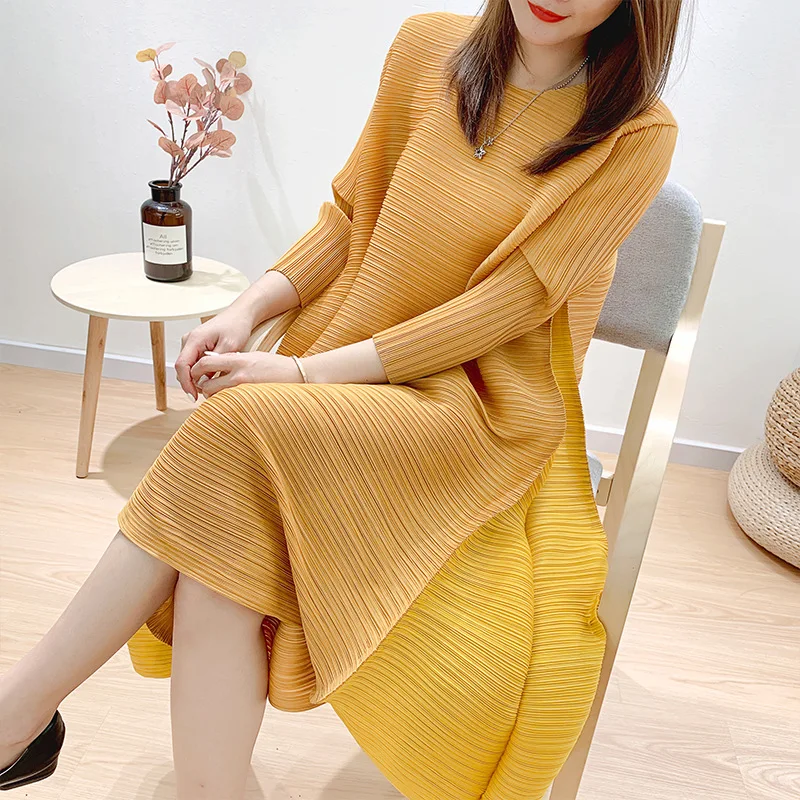 Stretch Dress For Women 45-75kg New Miyake Pleated Round Neck 3/4 Sleeves Simple Patchwork Loose A-Line Casual Long Dress Midi