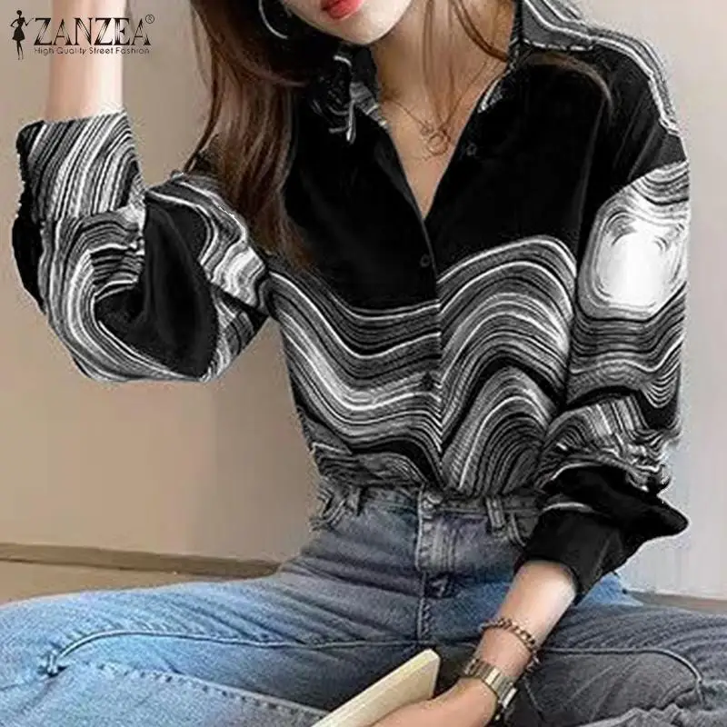 

Women Casual Long Sleeve Lapel Collar Blouse ZANZEA Holiday Printed Chemise Autumn Office Work Shirt Oversize Button Tunic Tops