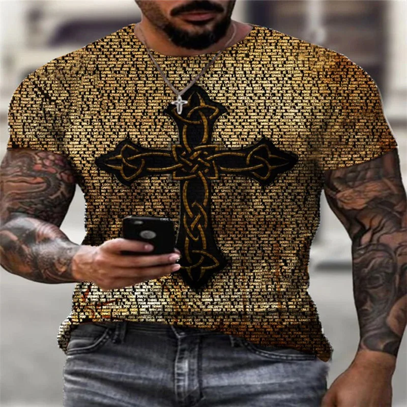 

2021 Summer Cross Printed Men's T-Shirt Plus Size Vintage Casual Male T-Shirt Casual Summer Short Sleeve Tees Pullover Tops