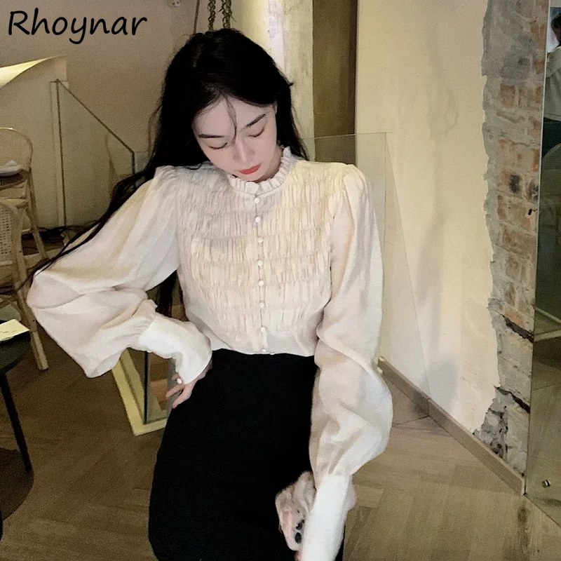 

Shirts Women Apricot Simple Fashion Korean Style Daily Spring New Elegant Lady Retro Lantern Sleeve All-match Tops Casual Folds