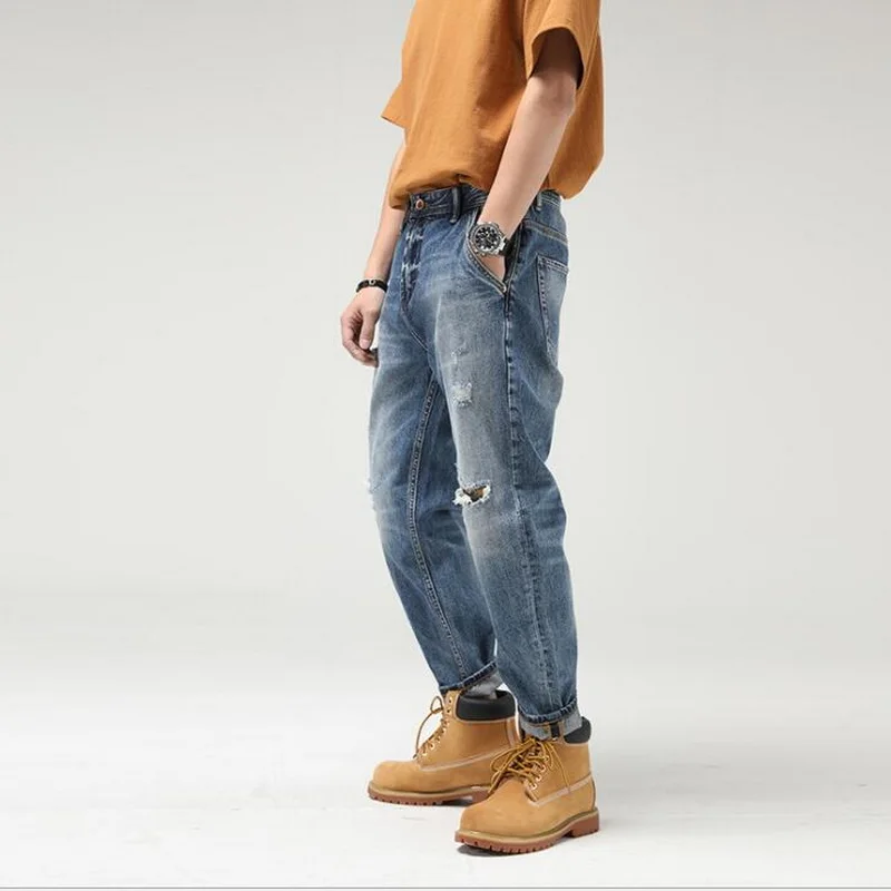 Patch Washed Ripped Jeans Men's Denim Patch Straight Loose Denim Pants Male Flanging Pant Size 28-40