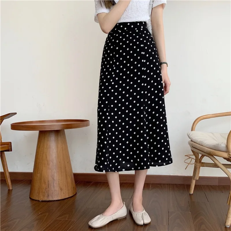 

Black Polka Dot Chiffon Skirt Women's Summer 2021 New High Waist Slimming A- line Skirt Retro Midi Skirt
