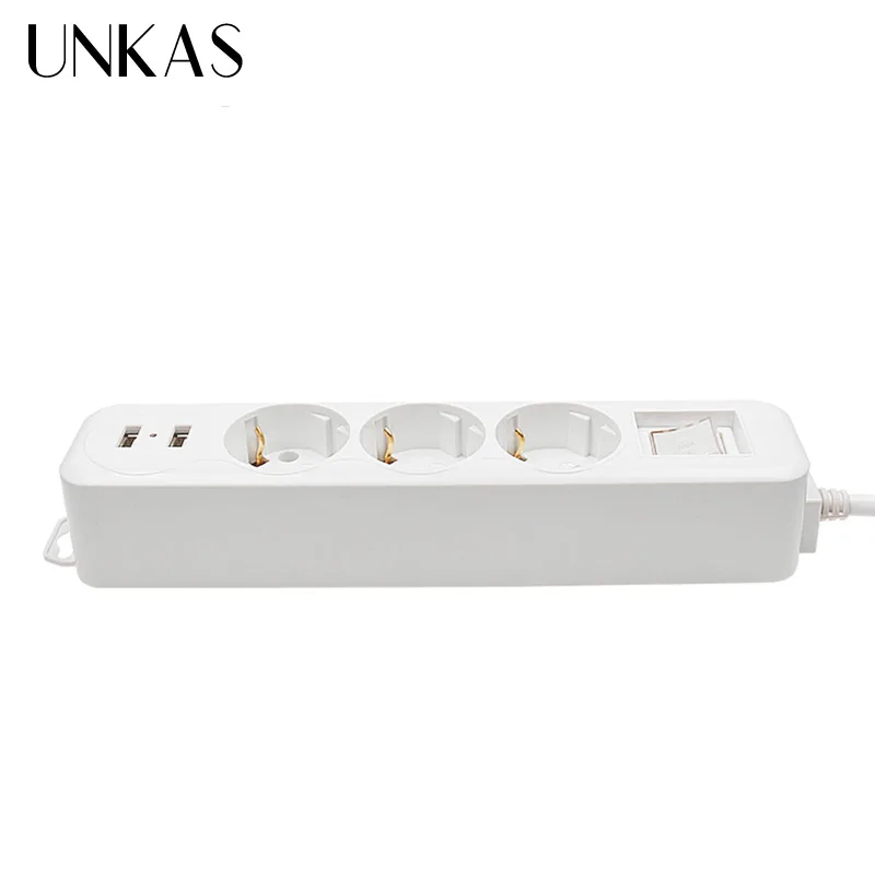 UNKAS Power Strip Dual USB Charge Port 3 AC EU Outlet Socket Extension Plug Button Surge Protector 2M Pure Copper Wire | Обустройство