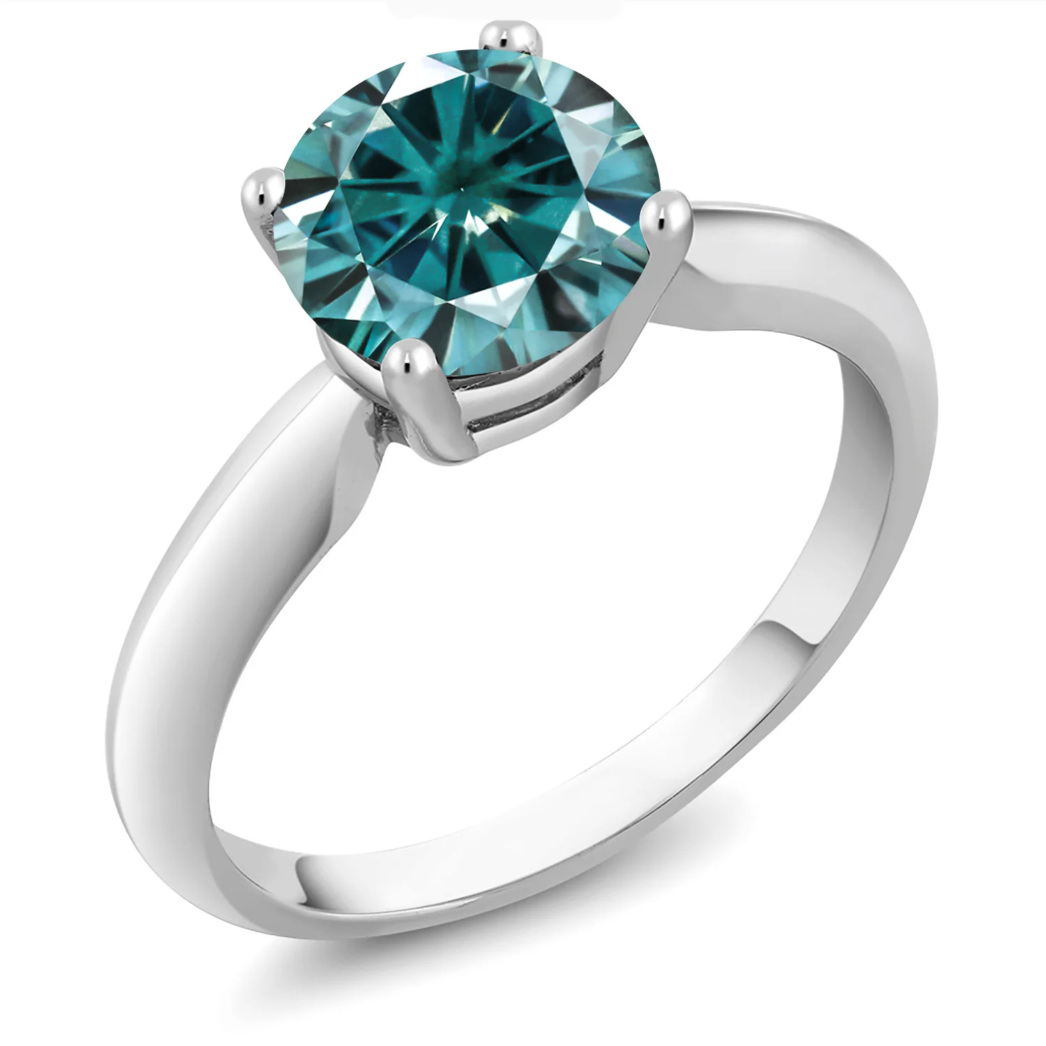 GemStoneKing 925 пробы серебряное кольцо пасьянс голубое круглое создано Moissanite 1.90ct роса