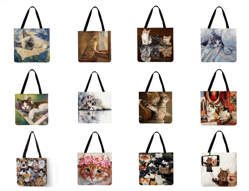 

Многоразовые льняные сумки для покупок, повседневная женская сумка-тоут с рисунком животного, кошки, квадратная вместительная сумка для хр...