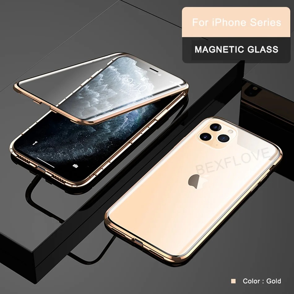 Gold Металлический чехол для iPhone 6 7 8 Plus X XS XR MAX чехол Магнитный 360 противоударный Закаленное стекло чехол для Apple iPhone 11 Pro Max чехлы - Цвет: Gold