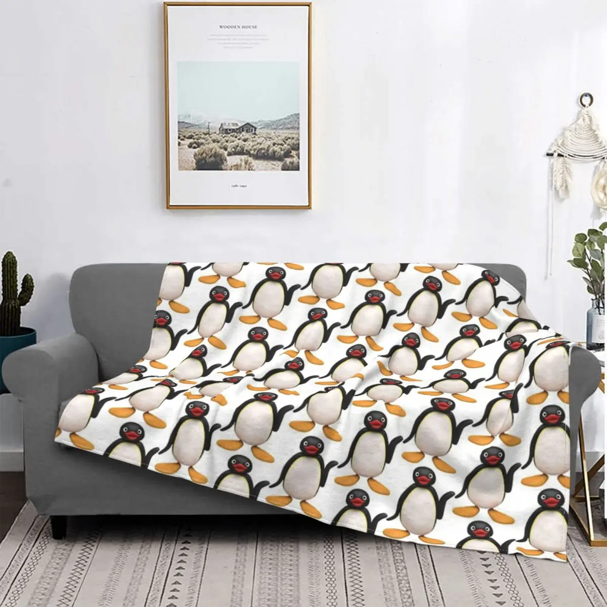 

Pingu-Manta a cuadros para cama, cubrecamas Kawaii, fundas de invierno