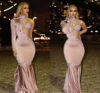 sexy dubai arabic blush mermaid evening dress 2020 high neck illusion beading long formal prom party gown vestidos de noiva