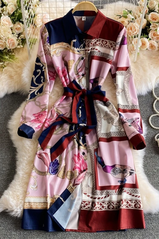 

2021 autumn elegance print knee length dress women's turn down collar single brested shirt dress high quality oversize Dress