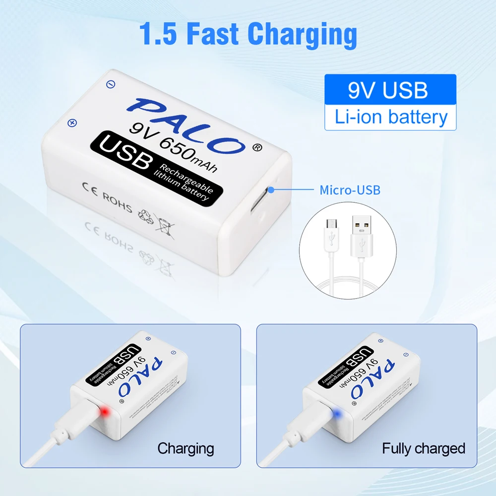 PALO 9V 650mAh литий-ионная аккумуляторная батарея Micro USB батареи micro 9 v 6F22 литиевая для