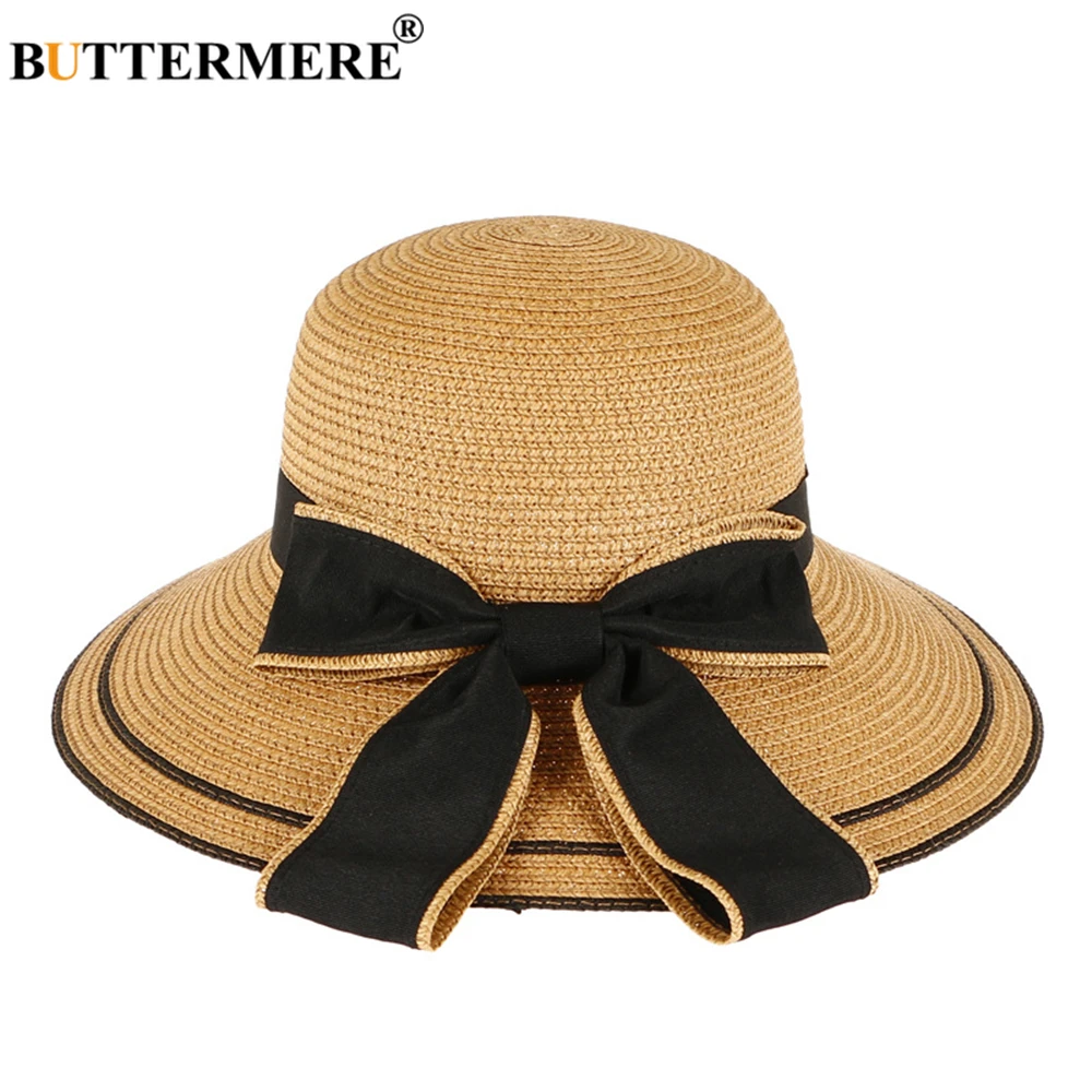 

BUTTERMERE Straw Hat Womens Summer Hats Bowsnot Khaki Ladies Wide Brim Floppy Beach Uv Protection Womens Sun Hat