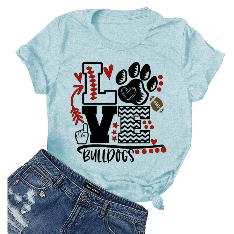 

LOVE Bulldogs Letter Print Women T Shirt Short Sleeve O Neck Loose Women Tshirt Ladies Tee Shirt Tops Clothes Camisetas Mujer