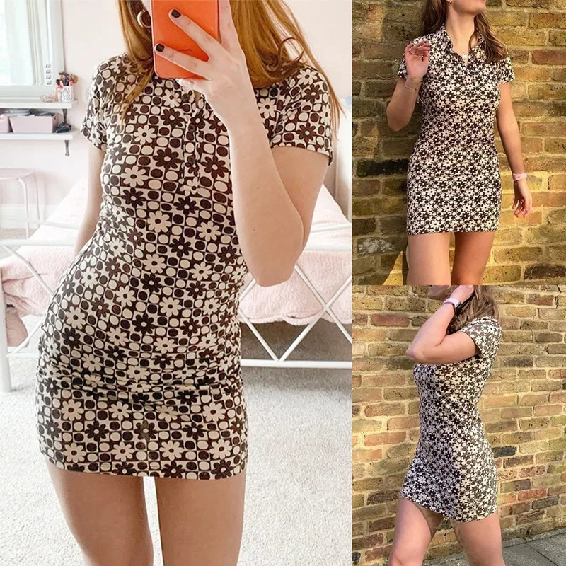 

Hot kf-Vintage Bodycon Mini Dress Summer Floral Print Short Sleeve Short Dresses Women Casual Turndown Collar Dress