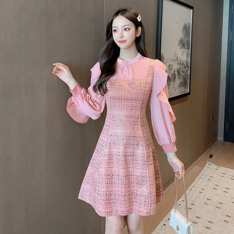 

Splicing Pink Mini Dress Woman 2021 Spring Autumn Sweet Temperament Fashion Clothes Long Sleeve High Waist Short Dresses Female