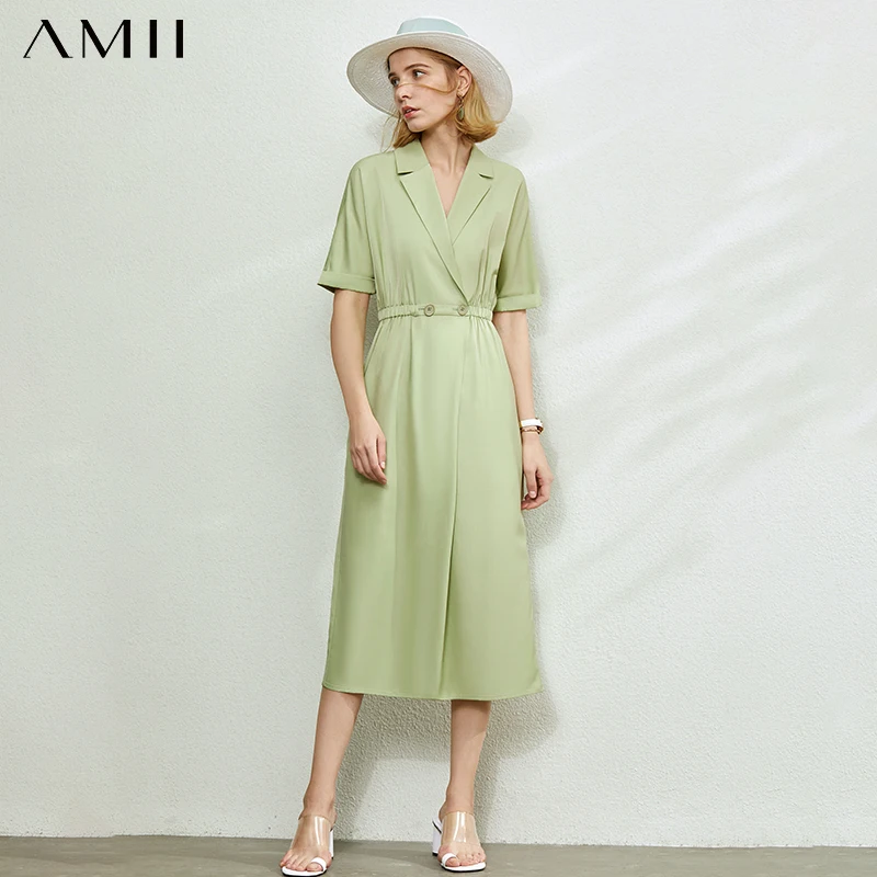 

Платье женское весенне-летнее однотонное с отложным воротником, эластичным поясом и полурукавом, 12020076