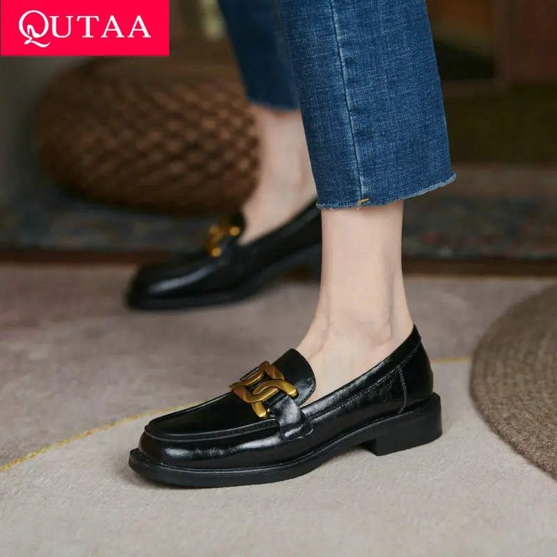 

QUTAA 2021 Square Low Heels Casual Round Toe Slip On Ladies Shoes Spring Autumn Genuine Leather All Match Women Pumps Size 34-39