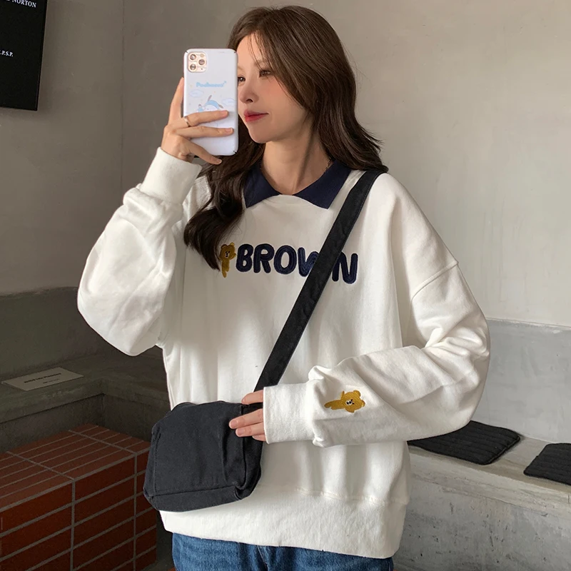

2021 autumn new polo collar long-sleeved thin sweatshirt letter loose college wind hoodie women