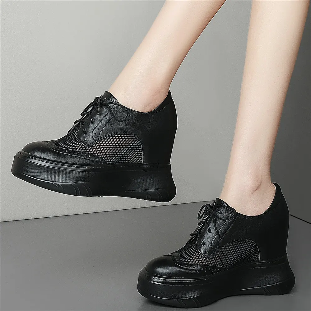 

11cm High Heel Platform Oxfords Women Genuine Leather Wedges Ankle Boots Female Lace Up Round Toe Fashion Sneakers Casual Shoes