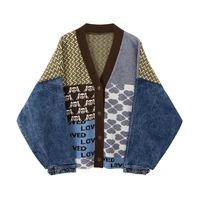 y2k autumn vintage knitted cardigan sweater for womenskull patchwork denim coat v neck long sleeve dark academia casual