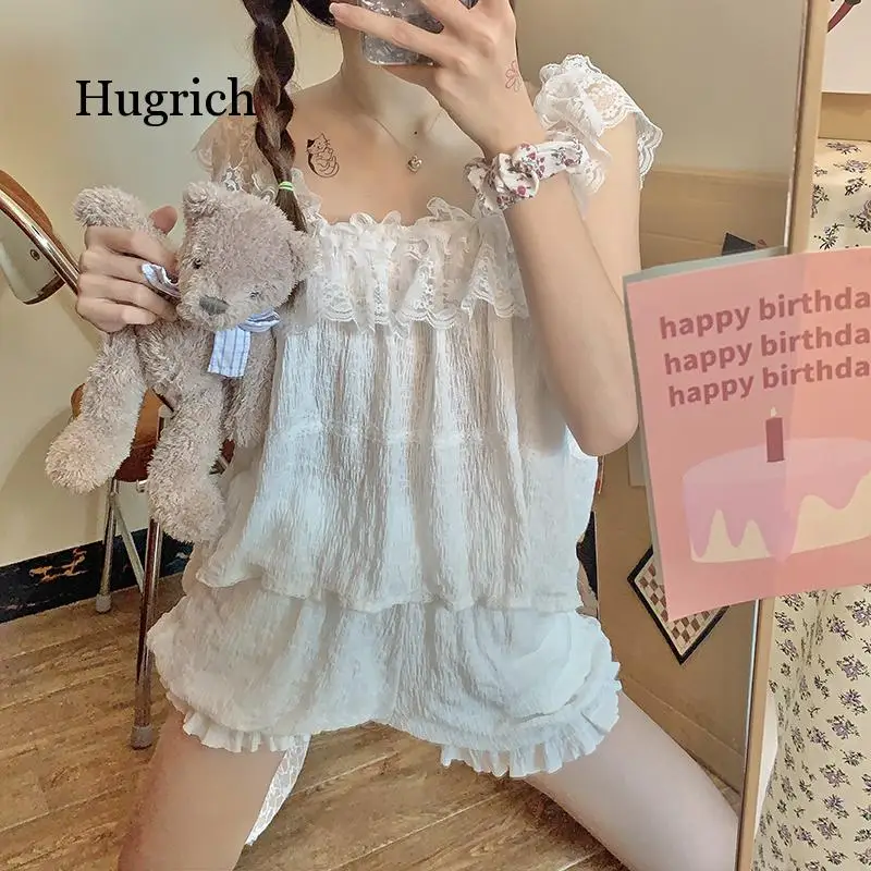 

2021 women's new summer foreign style lace sweet pajamas lantern shorts two-piece suit can be worn outside home service suit