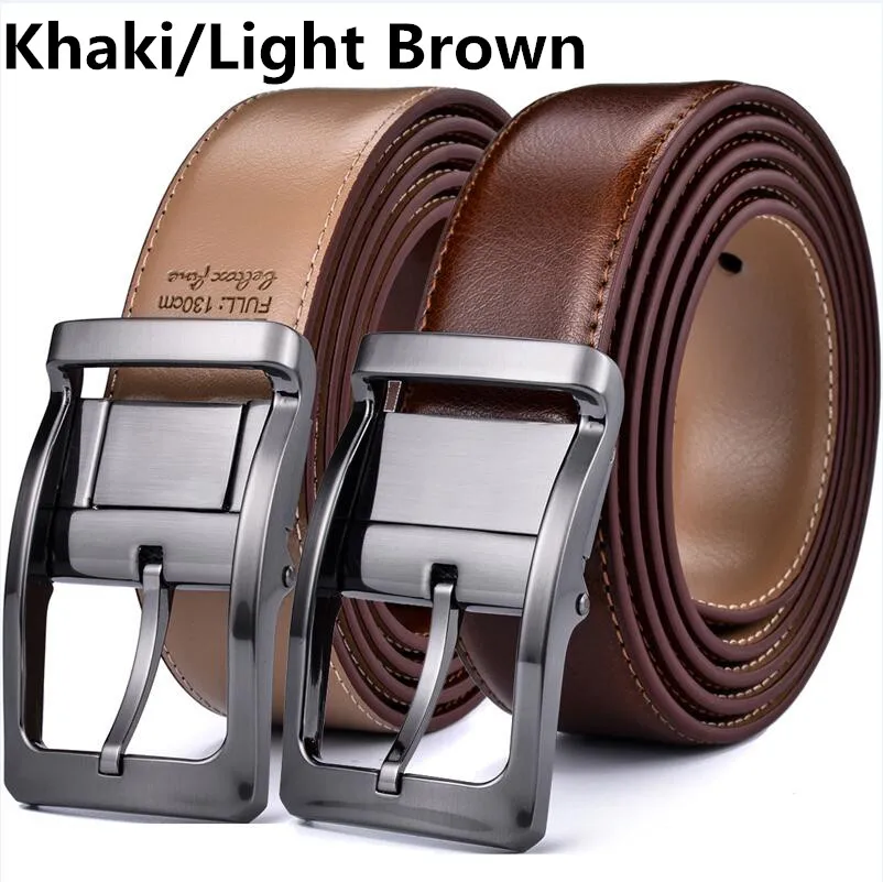 0068-Khaki Light br Мужской подлинный кожаный ремень для платья, двусторонний ремень для мужчин два в одном 3,4 см широкий мужской s ремни большой и высокий - Цвет: 0068-Khaki Light br