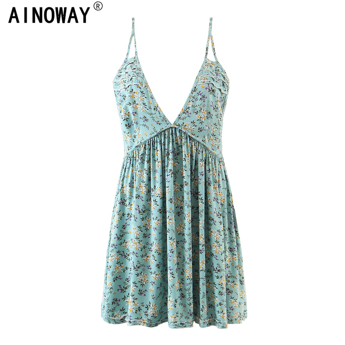 Женский винтажный пляжный сарафан в богемном стиле зеленое платье на бретелях с